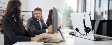Ofiste çalışan kulaklık takan işadamları uzak müşteri ya da meslektaşlarını desteklemek için çalışıyorlar. Çağrı merkezi, tele pazarlama, müşteri destek acentesi geniş görünümde hizmet sunar .
