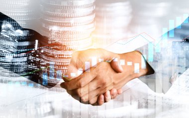 Ekonomik refah ve para teknolojisinin varlık geçmişi üzerine iş tokalaşması. Değerli borsaya yatırım yaparak ekonomik ve finansal büyüme ile refah kar birimi ticareti elde edilir