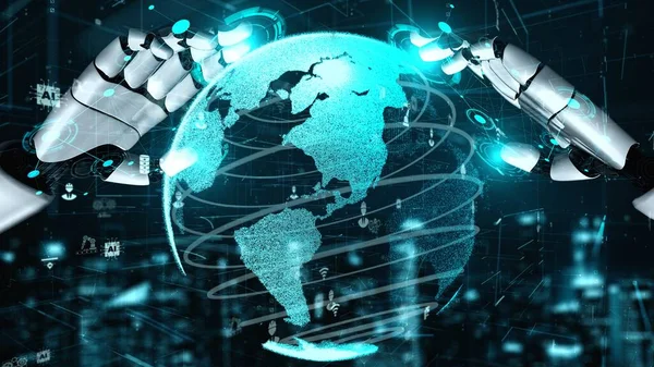 Gelecekçi robot yapay zeka yapay zeka yapay zekayı aydınlatıyor ve makine öğrenme kavramını geliştiriyor. İnsan hayatının geleceği için küresel robot biyonik bilim araştırması. 3B görüntüleme grafiği.