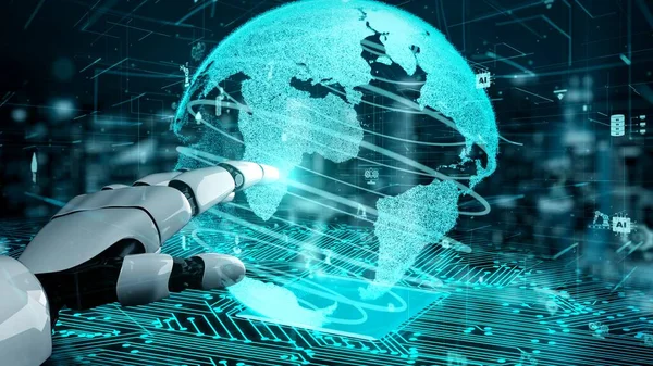 未来型ロボット人工知能は Ai技術開発と機械学習の概念を啓発します 人間の未来のための世界的なロボット生物科学研究 3Dレンダリンググラフィック — ストック写真