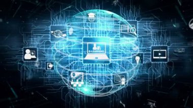 E- öğrenim ve Öğrenci ve Üniversite için Online Eğitim. Dijital eğitim kursunun teknolojisini gösteren grafik arayüzü insanların her yerden uzaktan öğrenmelerini sağlıyor.