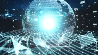 Fütürist küresel ağ ve dijital veri transferi 3D grafik. Yeni bilgi çağındaki küresel eğilimleri değiştiren akıllı dijital dönüşüm ve teknoloji bozulması kavramı .