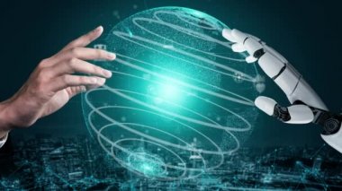 Gelecekçi robot yapay zeka devrimci yapay zeka teknoloji geliştirme ve makine öğrenme kavramı. İnsan hayatının geleceği için küresel robot biyonik bilim araştırması. 3B görüntüleme grafiği.