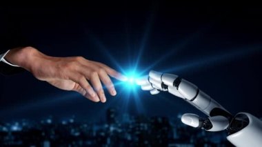 Gelecekçi robot yapay zeka yapay zeka yapay zekayı aydınlatıyor ve makine öğrenme kavramını geliştiriyor. İnsan hayatının geleceği için küresel robot biyonik bilim araştırması. 3B görüntüleme grafiği.