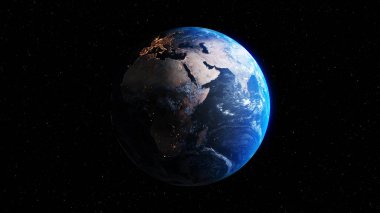 Gerçekçi coğrafya yüzeyi ve yörüngesel 3D bulut atmosferi olan Dünya gezegeni. Kıtaların dünya küresinin dış uzay görüşü. 3 boyutlu görüntüleme. Bu görüntünün elementleri NASA tarafından desteklenmektedir .