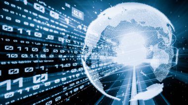 Fütürist küresel ağ ve dijital veri transferi 3D grafik. Yeni bilgi çağındaki küresel eğilimleri değiştiren akıllı dijital dönüşüm ve teknoloji bozulması kavramı .