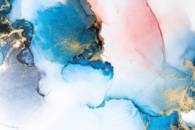 Kağıt üzerinde mermer sıvı mürekkep resminin lüks mavi soyut arkaplanı. Yüksek kaliteli kağıt dokusu üzerine orijinal suluboya alkol mürekkebi resmi .