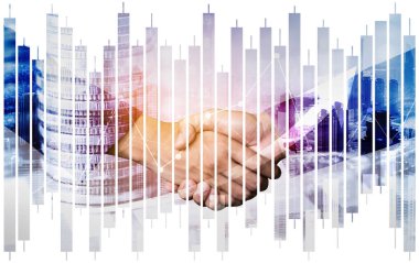 Ekonomik refah ve para teknolojisinin varlık geçmişi üzerine iş tokalaşması. Değerli borsaya yatırım yaparak ekonomik ve finansal büyüme ile refah kar birimi ticareti elde edilir