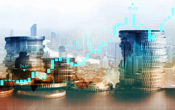 Finans ve para teknolojisi iş refahı ve varlık yönetimi kavramı. Yaratıcı grafik, refah karı elde etmek için değerli varlıklara yatırım yaparak ekonomi ve mali büyümeyi gösteriyor .