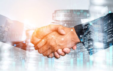 Ekonomik refah ve para teknolojisinin varlık geçmişi üzerine iş tokalaşması. Değerli borsaya yatırım yaparak ekonomik ve finansal büyüme ile refah kar birimi ticareti elde edilir