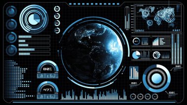 Yörüngesel küresel ağ 3D görüntüleme grafikli gelecekçi VR baş tasarımı. Çember soyut ve büyük veri analitiği içeren HUD ögesi dijital GUI teknolojisinde sunulmuştur .