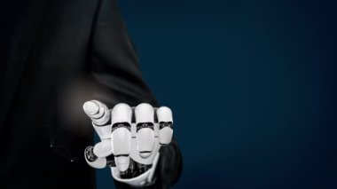 Gelecekçi robot yapay zeka devrimci yapay zeka teknoloji geliştirme ve makine öğrenme kavramı. Gelecekteki insan hayatı için küresel robot engelleme zinciri araştırması. 3B görüntüleme grafiği
