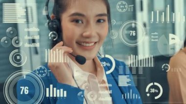 Müşteri desteği çağrı merkezi imrendirici grafik ile veri sağlar. İş ve iletişim teknolojisi kavramı .