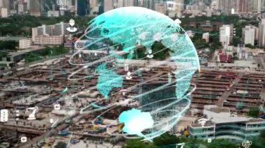 Otomasyon konseptini ve uzaktan kablosuz makine kontrolünü gösteren bir bilgisayar yazılımında fütüristik HUD kullanarak inşaat teknolojisi konsepti üzerinde değişiklik grafiği içeren konsept .