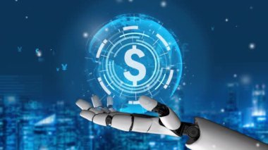 Gelecekçi robot yapay zeka devrimci yapay zeka teknoloji geliştirme ve makine öğrenme kavramı. İnsan hayatının geleceği için küresel robot biyonik bilim araştırması. 3B görüntüleme grafiği.