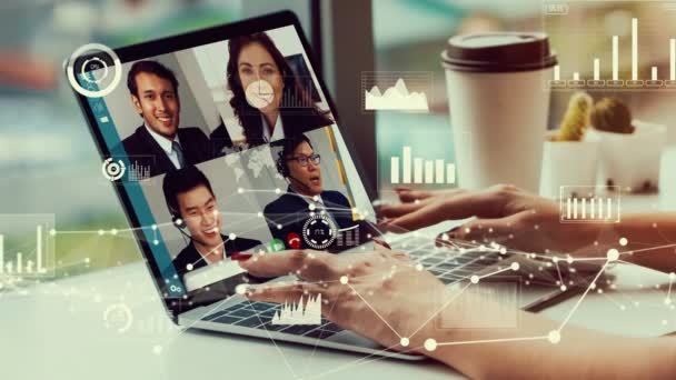 在公司员工视频会议上创造性地看到了商务人士 用于营销数据分析和投资决策的数字技术概念 — 图库视频影像