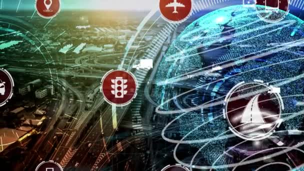 Концепція Технології Розумного Транспорту Майбутніх Автомобільних Перевезень Міській Дорозі Віртуальна — стокове відео