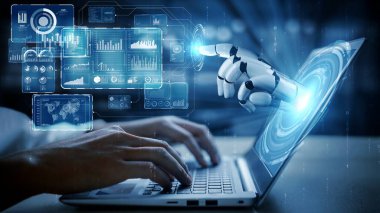 Gelecekçi robot yapay zeka yapay zeka yapay zekayı aydınlatıyor ve makine öğrenme kavramını geliştiriyor. İnsan hayatının geleceği için küresel robot biyonik bilim araştırması. 3B görüntüleme grafiği.