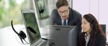 Ofiste çalışan kulaklık takan işadamları uzak müşteri ya da meslektaşlarını desteklemek için çalışıyorlar. Çağrı merkezi, tele pazarlama, müşteri destek acentesi geniş görünümde hizmet sunar .