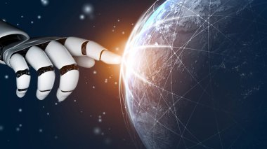 Gelecekçi robot yapay zeka devrimci yapay zeka teknoloji geliştirme ve makine öğrenme kavramı. İnsan hayatının geleceği için küresel robot biyonik bilim araştırması. 3B görüntüleme grafiği.