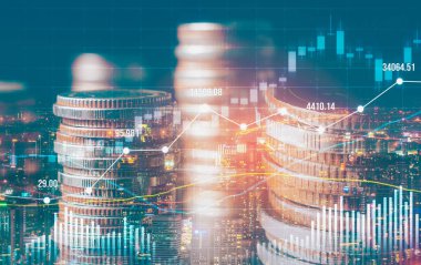 Finans ve para teknolojisi iş refahı ve varlık yönetimi kavramı. Yaratıcı grafik, refah karı elde etmek için değerli varlıklara yatırım yaparak ekonomi ve mali büyümeyi gösteriyor .