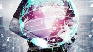 Gelecekteki bina inşaatı ve HUD hologram grafik tasarımı ile yaratıcı mühendislik projesi konsepti. İnşaat mühendisi, mimar ya da inşaat işçisi modern sivil teknoloji ile çalışıyor..