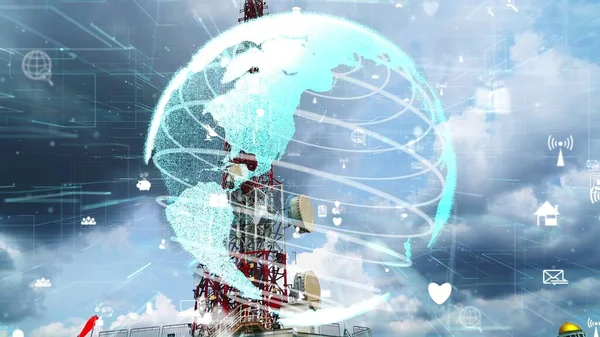 从全球互联网连接的概念看具有全球商业变化和电子商务与蓝天的三维图形的电信塔 — 图库照片