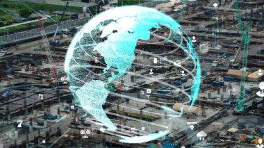 Otomasyon konseptini ve uzaktan kablosuz makine kontrolünü gösteren bir bilgisayar yazılımında fütüristik HUD kullanarak inşaat teknolojisi konsepti üzerinde değişiklik grafiği içeren konsept .