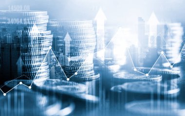 Finans ve para teknolojisi iş refahı ve varlık yönetimi kavramı. Yaratıcı grafik, refah karı elde etmek için değerli varlıklara yatırım yaparak ekonomi ve mali büyümeyi gösteriyor .