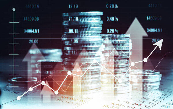 Finance and money technology background concept of business prosperity and asset management . Creative graphic show economy and financial growth by investment in valuable asset to gain wealth profit .