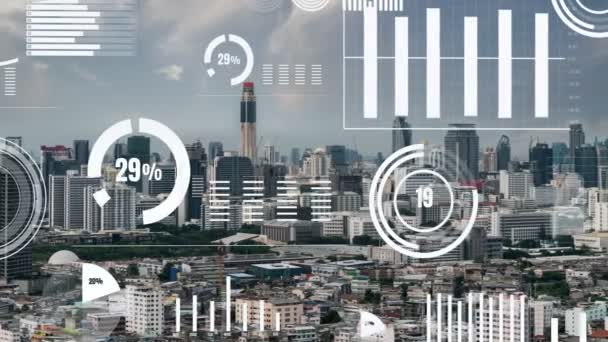 Interfaz Analítica Datos Empresariales Sobrevuela Ciudad Inteligente Mostrando Alteración Del — Vídeos de Stock