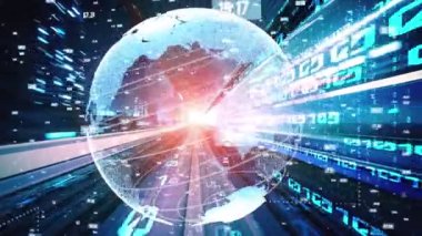 Fütürist küresel ağ ve dijital veri transferi 3D grafik. Yeni bilgi çağındaki küresel eğilimleri değiştiren akıllı dijital dönüşüm ve teknoloji bozulması kavramı .