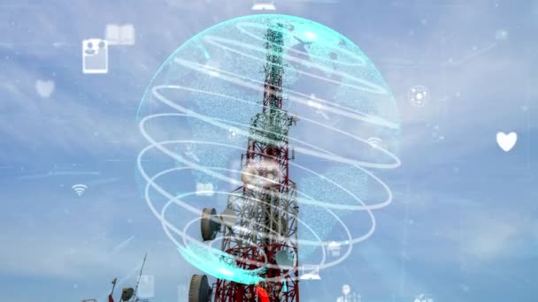 Torre Telecomunicaciones Con Gráficos Alteración Global Negocios Comercio Electrónico Contra — Vídeos de Stock