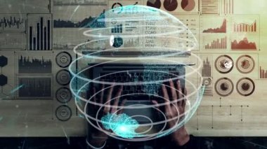 İş Mali Analitik Analitik için Büyük Veri Teknolojisi. Modern grafik arayüzü ekranda iş satış raporu, kar tablosu ve borsa analizi hakkında devasa bilgiler gösteriyor..
