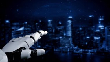 Gelecekçi robot yapay zeka yapay zeka yapay zekayı aydınlatıyor ve makine öğrenme kavramını geliştiriyor. İnsan hayatının geleceği için küresel robot biyonik bilim araştırması. 3B görüntüleme grafiği.