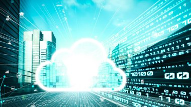 Akıllı paylaşım yazılımıyla bulut bilgisayarı ve çevrimiçi veri depolama. Yeni bilgi çağındaki küresel eğilimleri değiştiren akıllı dijital dönüşüm ve teknoloji bozulması kavramı .