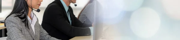 Call Center Customer Support Agent Verbreed Zicht Panorama Banner Dragen — Stockfoto