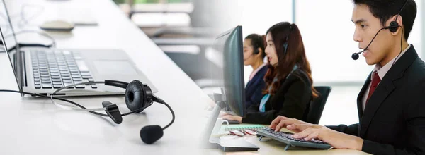 Business People Wearing Headset Working Office Widen View Support Remote — Stock Photo, Image