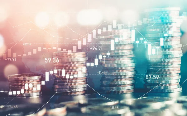 Finans ve para teknolojisi iş refahı ve varlık yönetimi kavramı. Yaratıcı grafik, refah karı elde etmek için değerli varlıklara yatırım yaparak ekonomi ve mali büyümeyi gösteriyor .