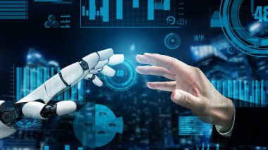 Gelecekçi robot yapay zeka devrimci yapay zeka teknoloji geliştirme ve makine öğrenme kavramı. İnsan hayatının geleceği için küresel robot biyonik bilim araştırması. 3B görüntüleme grafiği.