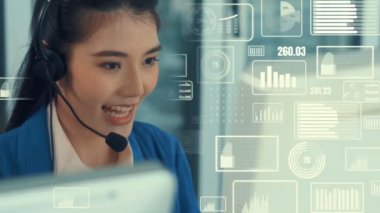 Müşteri desteği çağrı merkezi imrendirici grafik ile veri sağlar. İş ve iletişim teknolojisi kavramı .