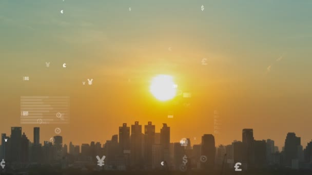 Affärsdata Analytiskt Gränssnitt Flyga Över Smart Stad Som Visar Förändring — Stockvideo