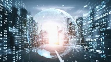 Fütürist küresel ağ ve dijital veri transferi 3D grafik. Yeni bilgi çağındaki küresel eğilimleri değiştiren akıllı dijital dönüşüm ve teknoloji bozulması kavramı .