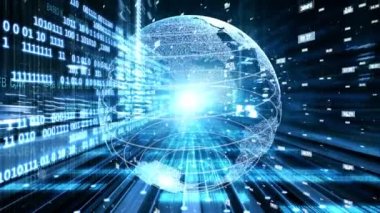 Fütürist küresel ağ ve dijital veri transferi 3D grafik. Yeni bilgi çağındaki küresel eğilimleri değiştiren akıllı dijital dönüşüm ve teknoloji bozulması kavramı .