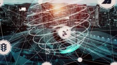 Yeni şehir yolunda gelecek araba trafiği için akıllı ulaşım teknolojisi kavramı. Sanal akıllı sistem, şehir sokaklarındaki araç verilerini birbirine bağlamak için dijital bilgi analizi yapıyor .