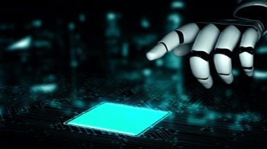 Gelecekçi robot yapay zeka yapay zeka yapay zekayı aydınlatıyor ve makine öğrenme kavramını geliştiriyor. İnsan hayatının geleceği için küresel robot biyonik bilim araştırması. 3B görüntüleme grafiği.