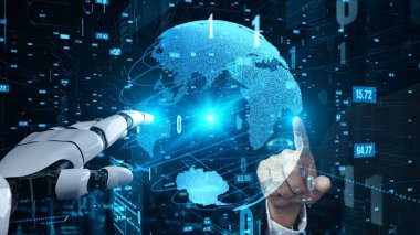 Gelecekçi robot yapay zeka yapay zeka yapay zekayı aydınlatıyor ve makine öğrenme kavramını geliştiriyor. İnsan hayatının geleceği için küresel robot biyonik bilim araştırması. 3B görüntüleme grafiği.