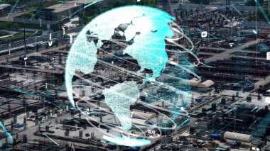 Otomasyon konseptini ve uzaktan kablosuz makine kontrolünü gösteren bir bilgisayar yazılımında fütüristik HUD kullanarak inşaat teknolojisi konsepti üzerinde değişiklik grafiği içeren konsept .