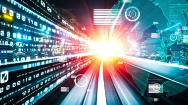 Ticari veri analizi ve zeki yazılım pazarlama stratejisi. Yeni bilgi çağındaki küresel eğilimleri değiştiren akıllı dijital dönüşüm ve teknoloji bozulması kavramı .