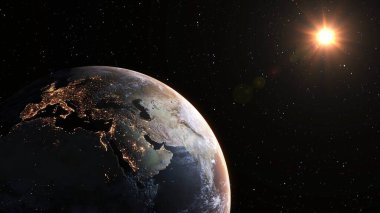 Gerçekçi coğrafya yüzeyi ve yörüngesel 3D bulut atmosferi olan Dünya gezegeni. Kıtaların dünya küresinin dış uzay görüşü. 3 boyutlu görüntüleme. Bu görüntünün elementleri NASA tarafından desteklenmektedir .